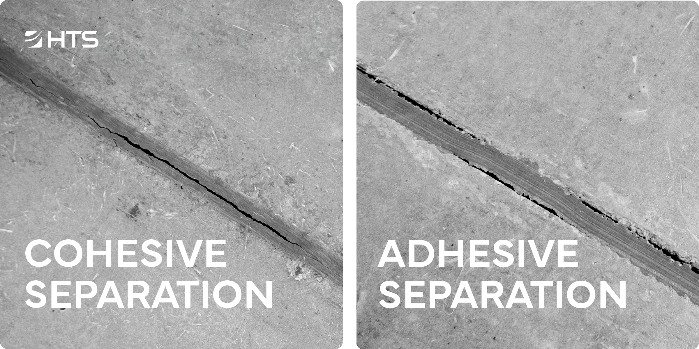 Close-up of a concrete joint showing cohesive separation through the filler and adhesive separation along the joint wall.