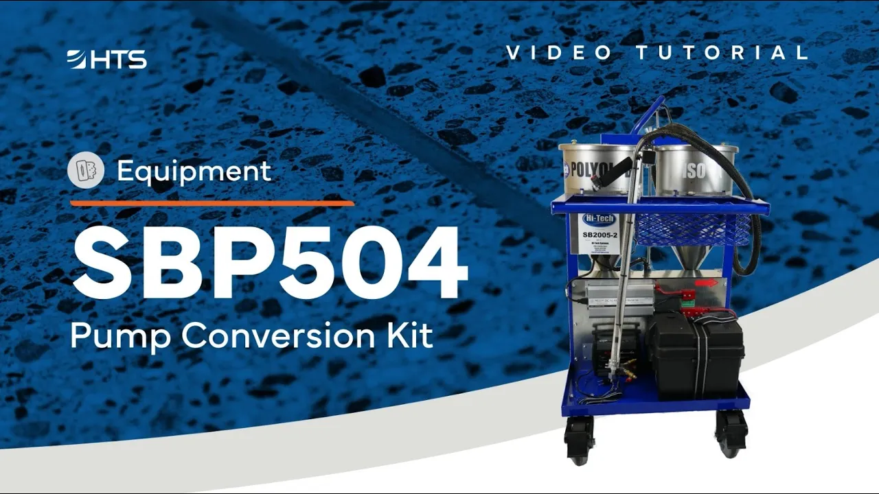 A blue cart displaying the SBP504 Pump Conversion Kit, surrounded by various tools and equipment. The background features a textured blue surface, with the text "Video Tutorial" and "Equipment" prominently displayed.