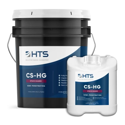 Two containers of HTS CS-HG stain guard, one is a 5-gallon bucket, and the other is a smaller 1-gallon jug, both with labels detailing the product as semi-penetrating.