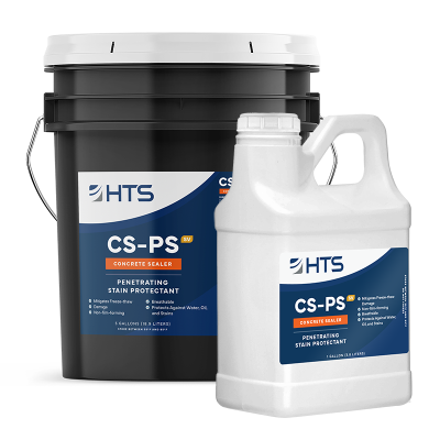 Two containers of HTS brand concrete sealer and penetrating stain protectant, one a large black bucket and the other a white gallon jug, labeled with product information.