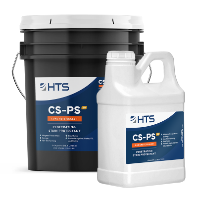 Two containers of HTS concrete sealer and stain protectant, one a large black bucket and the other a white jug with blue labels.