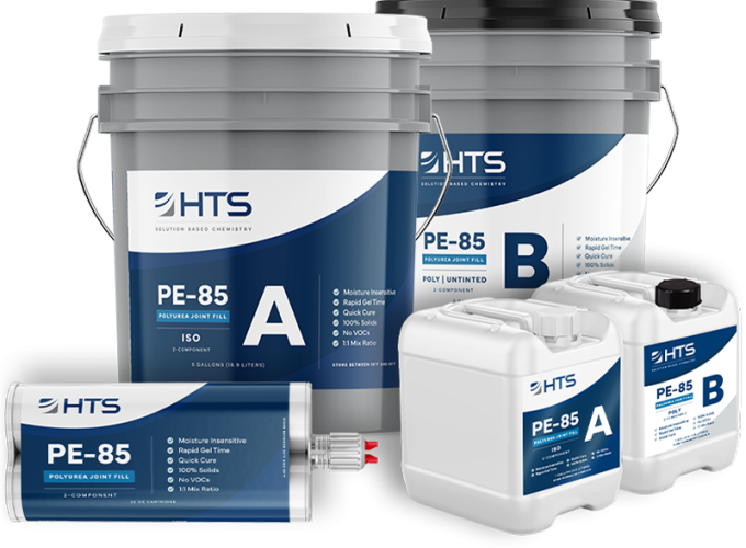 Five containers of HTS PE-85 polyurea joint fill products with labels indicating A and B components, featuring moisture insensitivity and quick cure time specifications.