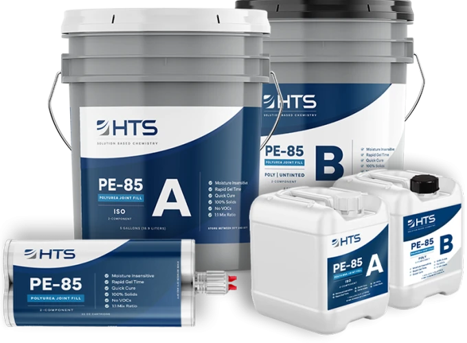 Five containers of HTS PE-85 polyurea joint fill products with labels indicating A and B components, featuring moisture insensitivity and quick cure time specifications.