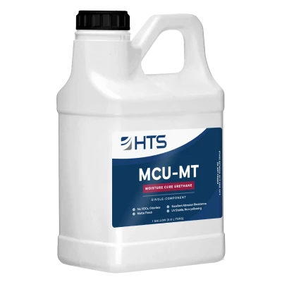 White plastic gallon jug labeled MCU-MT Moisture Cure Urethane with a blue and white HTS brand logo. Features include single-component, no VOCs, odorless, matte finish, abrasion resistance, UV stability, and non-yellowing.