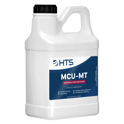 White plastic gallon jug labeled MCU-MT Moisture Cure Urethane with a blue and white HTS brand logo. Features include single-component, no VOCs, odorless, matte finish, abrasion resistance, UV stability, and non-yellowing.