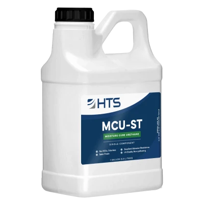 A white plastic container with a black screw cap, labeled "HTS MCU-ST Moisture Cure Urethane." The label indicates it is a single-component product, with details about being VOC-free and having a satin finish. The container has a capacity of one gallon.