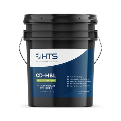 Large black plastic bucket with handle labeled HTS CD-HSL Concrete Densifier, highlighting features like fully penetrating and improving abrasion resistance.