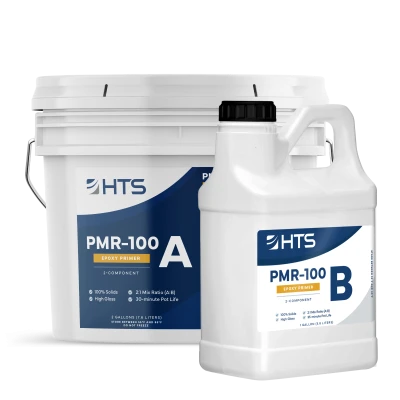 Two containers of PMR-100 epoxy primer, labeled A and B, with HTS branding, detailing a 2:1 mix ratio and high gloss finish information.