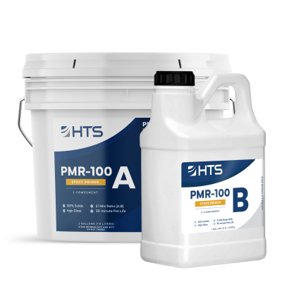 Two containers of PMR-100 epoxy primer, labeled A and B, with HTS branding, detailing a 2:1 mix ratio and high gloss finish information.