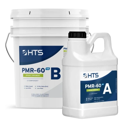 Two containers of HTS PMR-60 WB Epoxy Primer, with Component A in a white gallon jug and Component B in a larger white bucket, both labeled with blue and white branding.