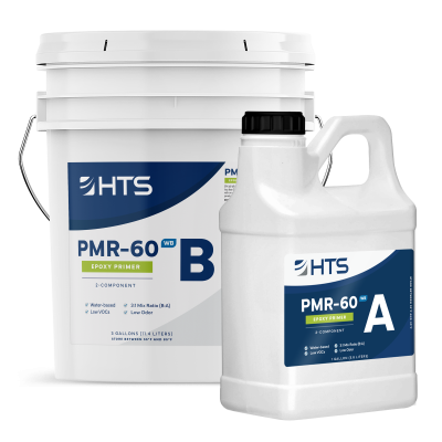 Two containers of HTS PMR-60 WB Epoxy Primer, with Component A in a white gallon jug and Component B in a larger white bucket, both labeled with blue and white branding.