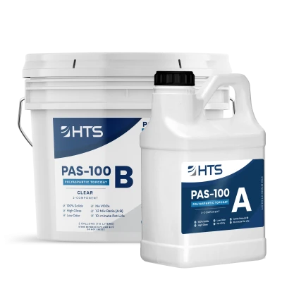 Two containers labeled PAS-100 with parts A and B for a polyaspartic topcoat, highlighting features like high gloss, no VOCs, and mix ratio details.
