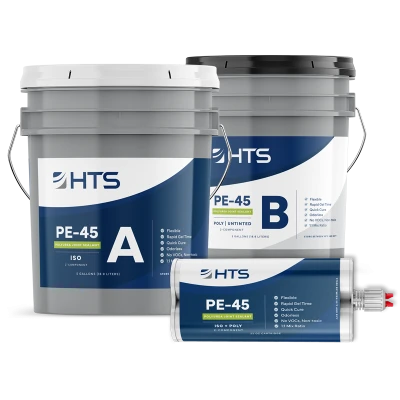 Two large white buckets labeled A and B and a caulking gun tube, all branded with HTS PE-45 polyurea joint sealant, with design elements in blue and white.