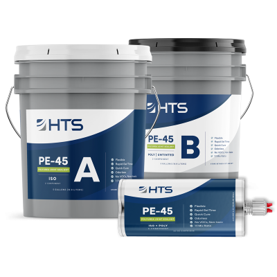 Two large white buckets labeled A and B and a caulking gun tube, all branded with HTS PE-45 polyurea joint sealant, with design elements in blue and white.