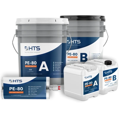 Various containers of HTS PE-80 Polyurea Joint Fill products labeled A and B, including large pails, jugs, and a cartridge, against a white background.
