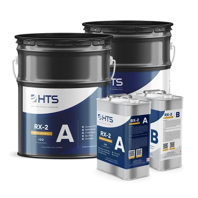 Three containers labeled HTS RX-2, two are component A in large black drums and one smaller component B, with blue and white labeling indicating industrial repair materials.