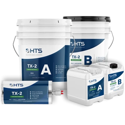 Several containers of TX-2 repair material by HTS, including two large white buckets labeled A and B, two smaller jugs labeled A and B, and a tube, all featuring blue and white branding.