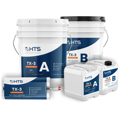 Five containers of HTS TX-3 repair material, featuring two large white buckets labeled A and B, two smaller jugs labeled A and B, and one cartridge, all designed for concrete repair with a focus on low viscosity and quick curing time.