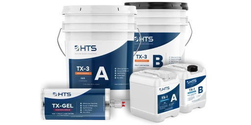 Assortment of HTS branded construction chemical products including containers of TX Gel, TX-3, and TX-1 repair material with labels A and B indicating two-component systems.