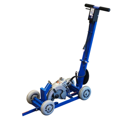 Blue hand truck with an attached motor and wheels designed for moving heavy equipment.