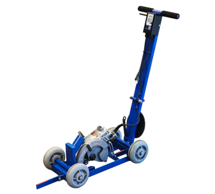 Blue hand truck with an attached motor and wheels designed for moving heavy equipment.