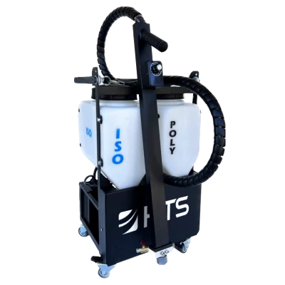 A dual tank cart designed for dispensing materials, featuring two large containers labeled "ISO" and "POLY." The cart has a sturdy black frame with wheels for mobility, and hoses are attached for easy use.