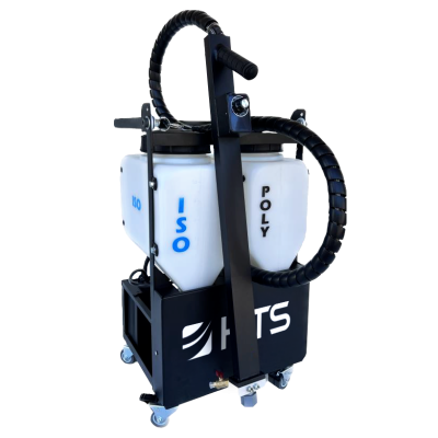 A dual tank cart designed for dispensing materials, featuring two large containers labeled "ISO" and "POLY." The cart has a sturdy black frame with wheels for mobility, and hoses are attached for easy use.