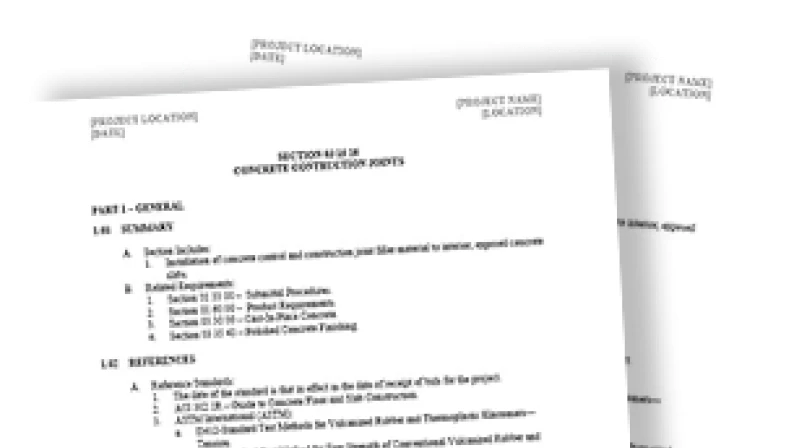 Thumbnail of pages of specifications documents containing information and standards for concrete project.