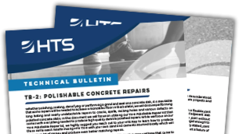 Tri-fold technical bulletin about polished concrete repairs with text and images, featuring the logo HTS at the top.