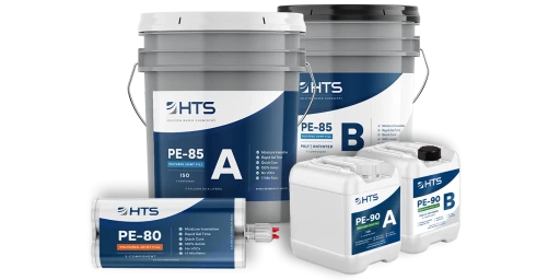 Various sized containers labeled HTS PE-85 and PE-90 with A and B components for polyurea joint fill and poly lamination.