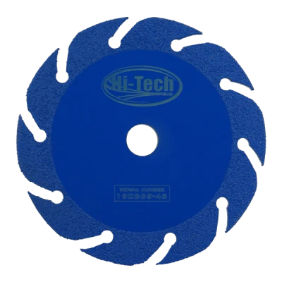 Blue circular saw blade with serrated edges and the Hi-Tech brand logo in the center.
