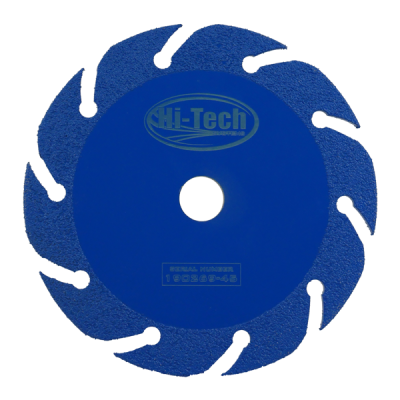 Blue circular saw blade with serrated edges and the Hi-Tech brand logo in the center.