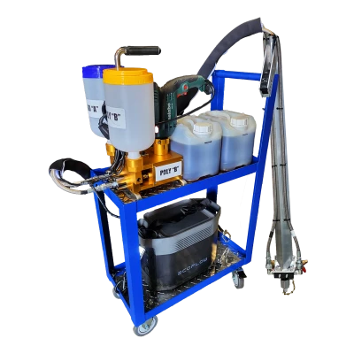 Industrial polyurethane foam injection machine on a blue cart with labeled canisters, pumps, and a power drill, situated in a workshop setting.