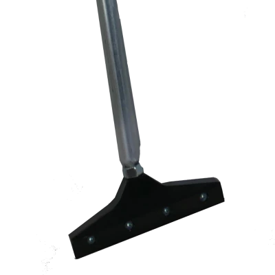 Close-up view of a window squeegee with a silver handle and a black rubber blade against a partially transparent background.