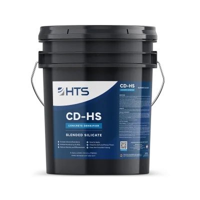 A black bucket labeled "HTS CD-HS" with the subtitle "Concrete Densifier" and "Blended Silicate." The bucket holds 5 gallons (18.9 liters) and features a handle for easy carrying.
