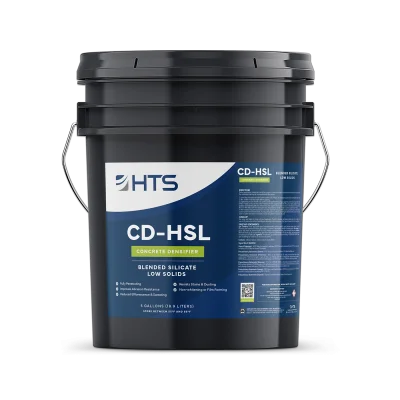Black bucket labeled "CD-HSL Concrete Densifier," featuring the HTS logo. The label details product information, including "Blended Silicate Low Solids." The bucket holds 5 gallons (18.9 liters).