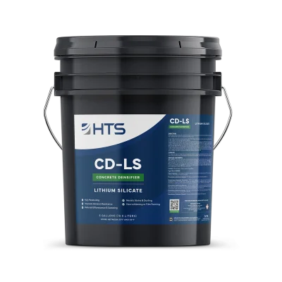 A black five-gallon bucket labeled "HTS CD-LS Concrete Densifier Lithium Silicate" with product information and branding visible on the front.