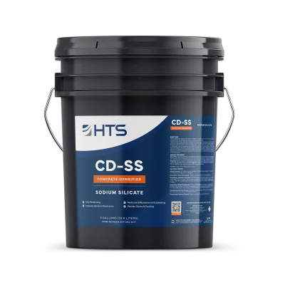 A five-gallon black bucket of HTS CD-SS concrete densifier, labeled as sodium silicate. The label displays product details, including usage instructions and benefits, prominently on the front.
