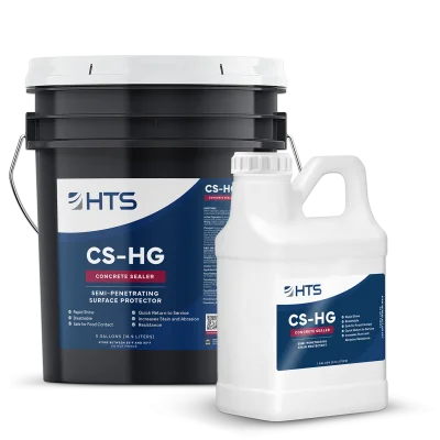 A black bucket and a white container of HS Concrete Sealer labeled "CS-HG." The bucket indicates it contains 5 gallons, while the smaller container has a handle and is designed for semi-penetrating surface protection.