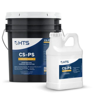 A black bucket labeled "HTS CS-PS Concrete Sealer" next to a white bottle of the same product, featuring a blue and white design with text highlighting its features as a penetrating surface protector.