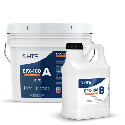 A large bucket labeled "EPX-100 A" next to a smaller container labeled "EPX-100 B." Both are part of a clear epoxy coating system by HTS, featuring a modern design and clear product information.