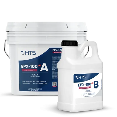 Packaging for HTS EPX-100 epoxy coating, featuring a large bucket labeled "A" and a smaller jug labeled "B." Both containers are white with blue accents, indicating high viscosity and glossy finish.