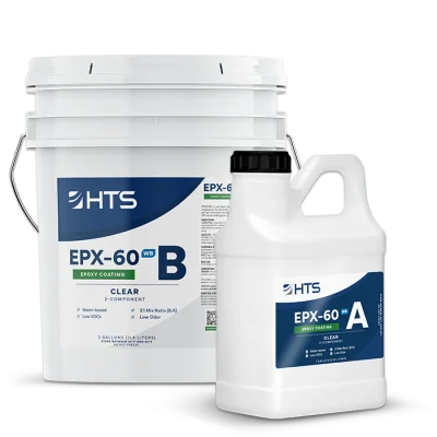A large bucket labeled "HTS EPX-60 B" and a smaller container labeled "HTS EPX-60 A," both featuring a clear epoxy coating, with details indicating they are a two-component system and water-based.