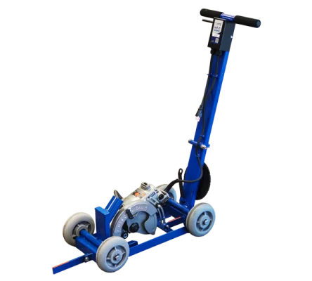 Blue hand truck with an attached motor and wheels designed for moving heavy equipment.