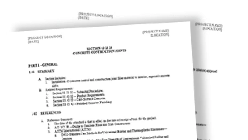 Thumbnail of pages of specifications documents containing information and standards for concrete project.