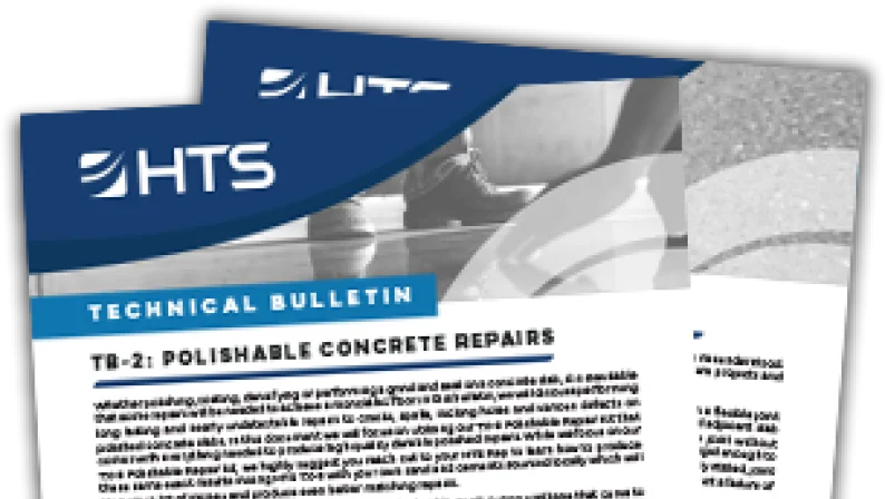 Tri-fold technical bulletin about polished concrete repairs with text and images, featuring the logo HTS at the top.