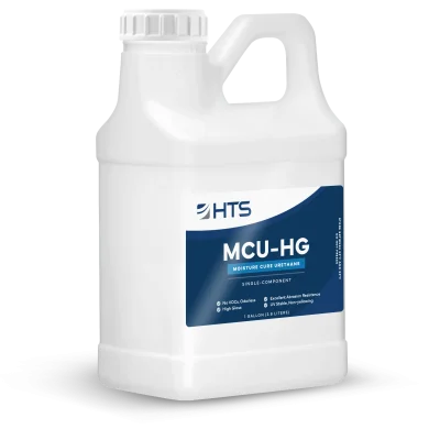 A white, opaque gallon container with a screw-top lid, labeled "HTS MCU-HG Moisture Cure Urethane." The label features a blue and white design, emphasizing single-component and high gloss characteristics.