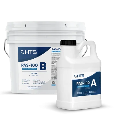 Two containers of PAS-100, a polyaspartic topcoat product. The larger container is a white bucket labeled "HTS PAS-100 B" with details about its components, while the smaller container has a black cap and is labeled "HTS PAS-100 A." Both are intended for use in coatings and finishes.