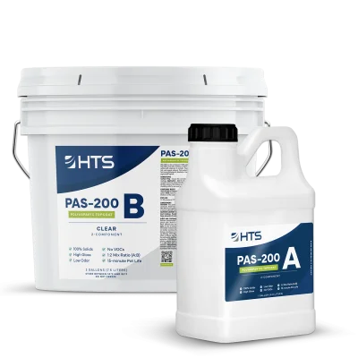 Two containers of a product labeled PAS-200. One is a large bucket labeled "PAS-200 B" and the other is a smaller container labeled "PAS-200 A." Both are part of a clear two-component system, with branding from HTS.