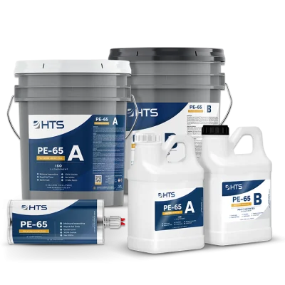 Various containers of HTS PE-65 resin, including a barrel, buckets, and smaller bottles, labeled clearly as components A and B.